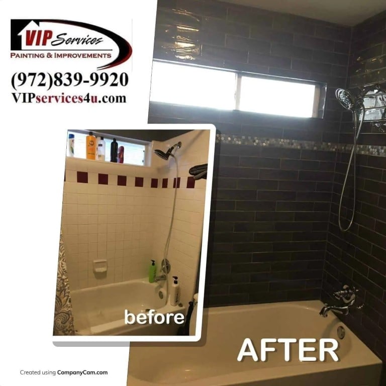 Before and after tub surround replaced with dark tile shower