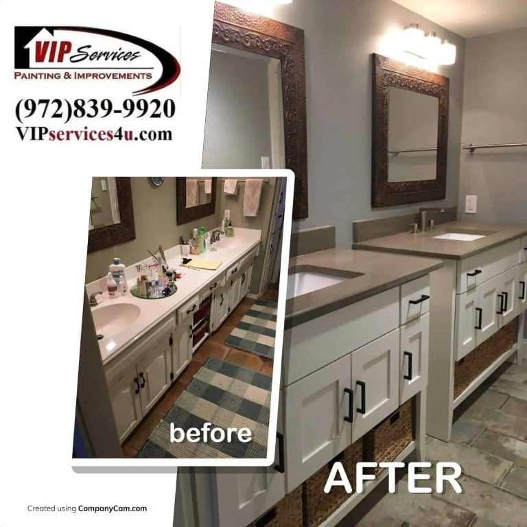 Before and after double vanity with white cabinets and wood-look floor