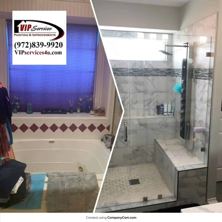 Before and after tub-to-shower conversion with glass walk-in tile shower